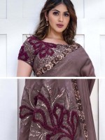 Greyish Brown Crepe Satin Silk Saree